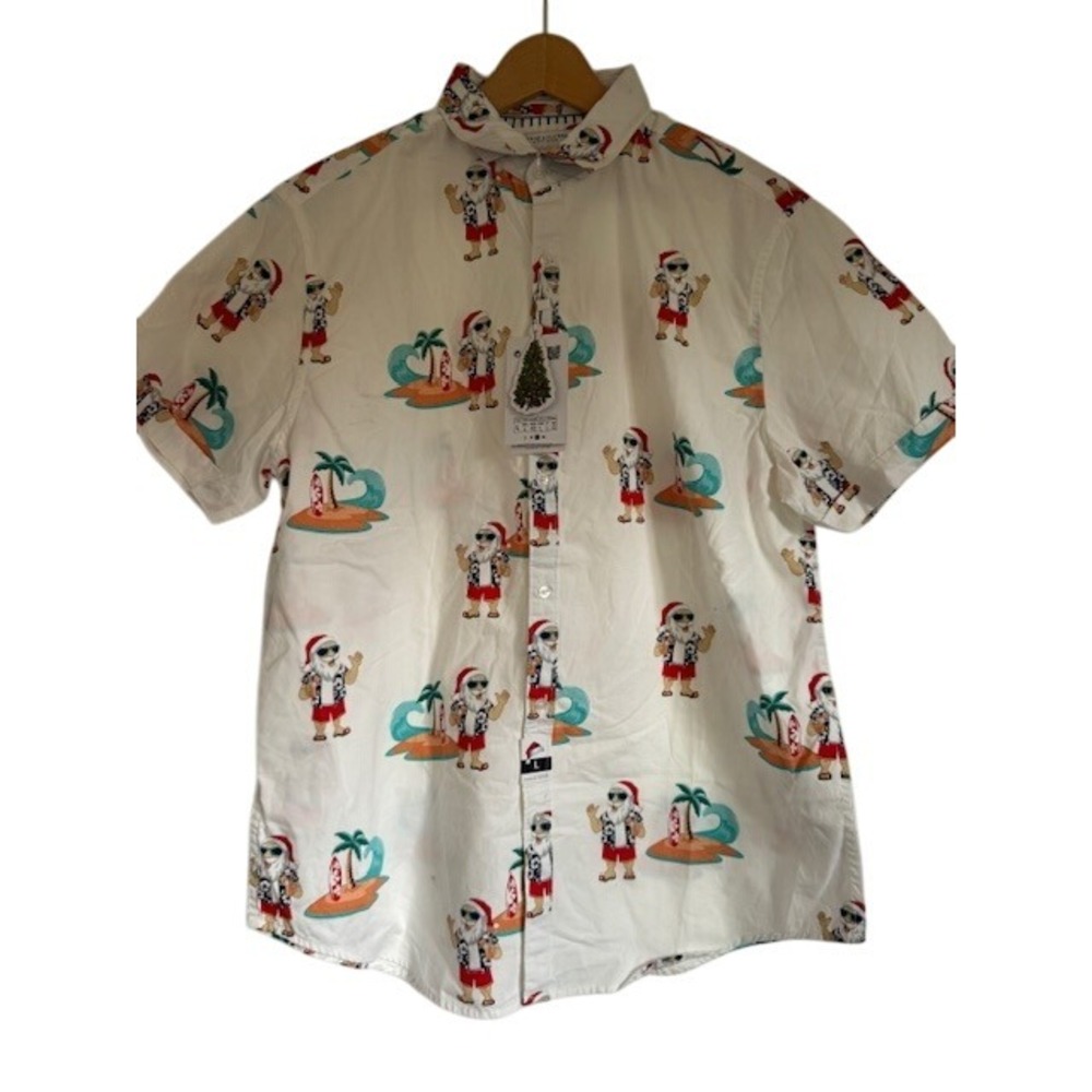 NWT Denim Flower Ricky Singh Men's White Santa Beach Holiday‎ Cheer Shirt - L